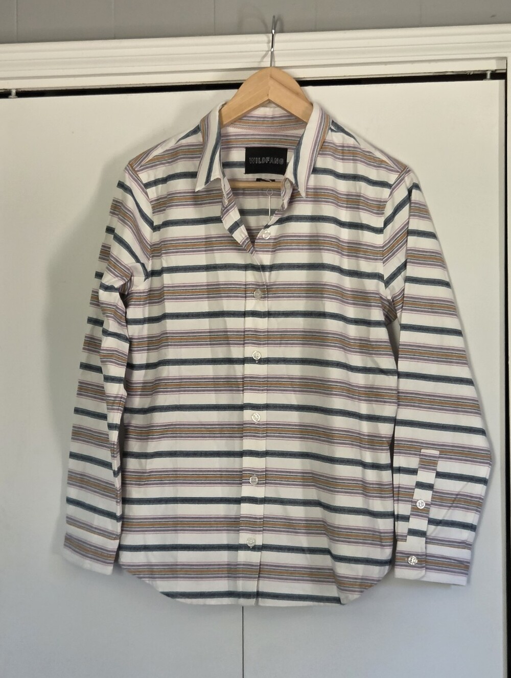 Wildfang Men's Striped Button-Down Shirt — White with Blue & Brown Stripes